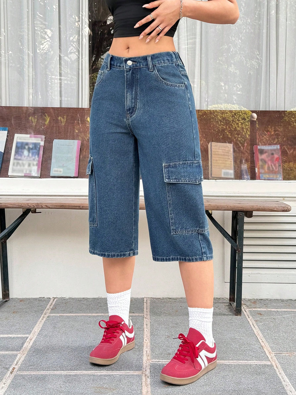 Women’s Washed Straight Leg Cargo Capri Jeans – Casual Y2K Utility Denim Pants