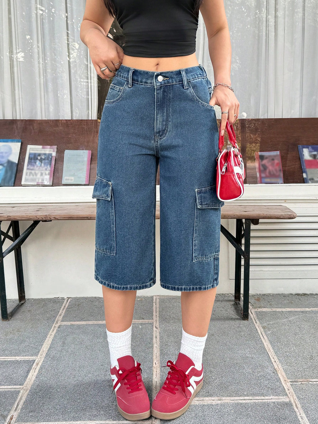 Women’s Washed Straight Leg Cargo Capri Jeans – Casual Y2K Utility Denim Pants