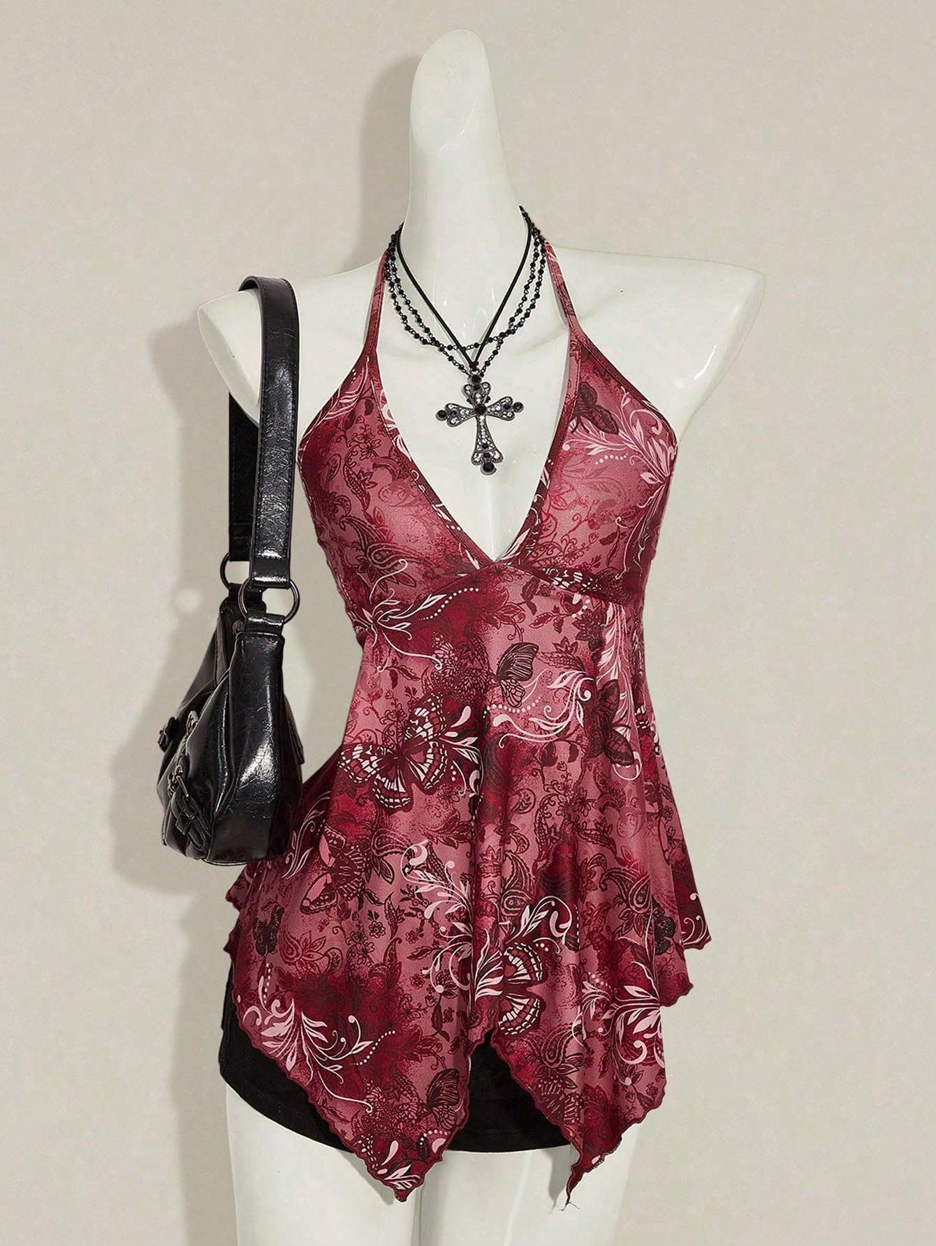 Women’s Boho Butterfly Print Halter Top – Blue Floral Vacation Bandana Camisole
