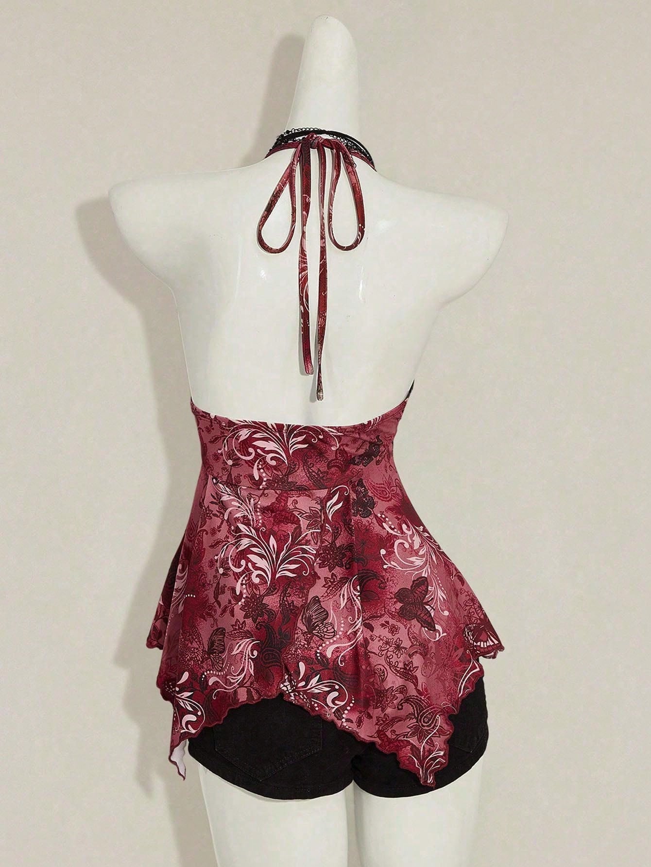 Women’s Boho Butterfly Print Halter Top – Blue Floral Vacation Bandana Camisole