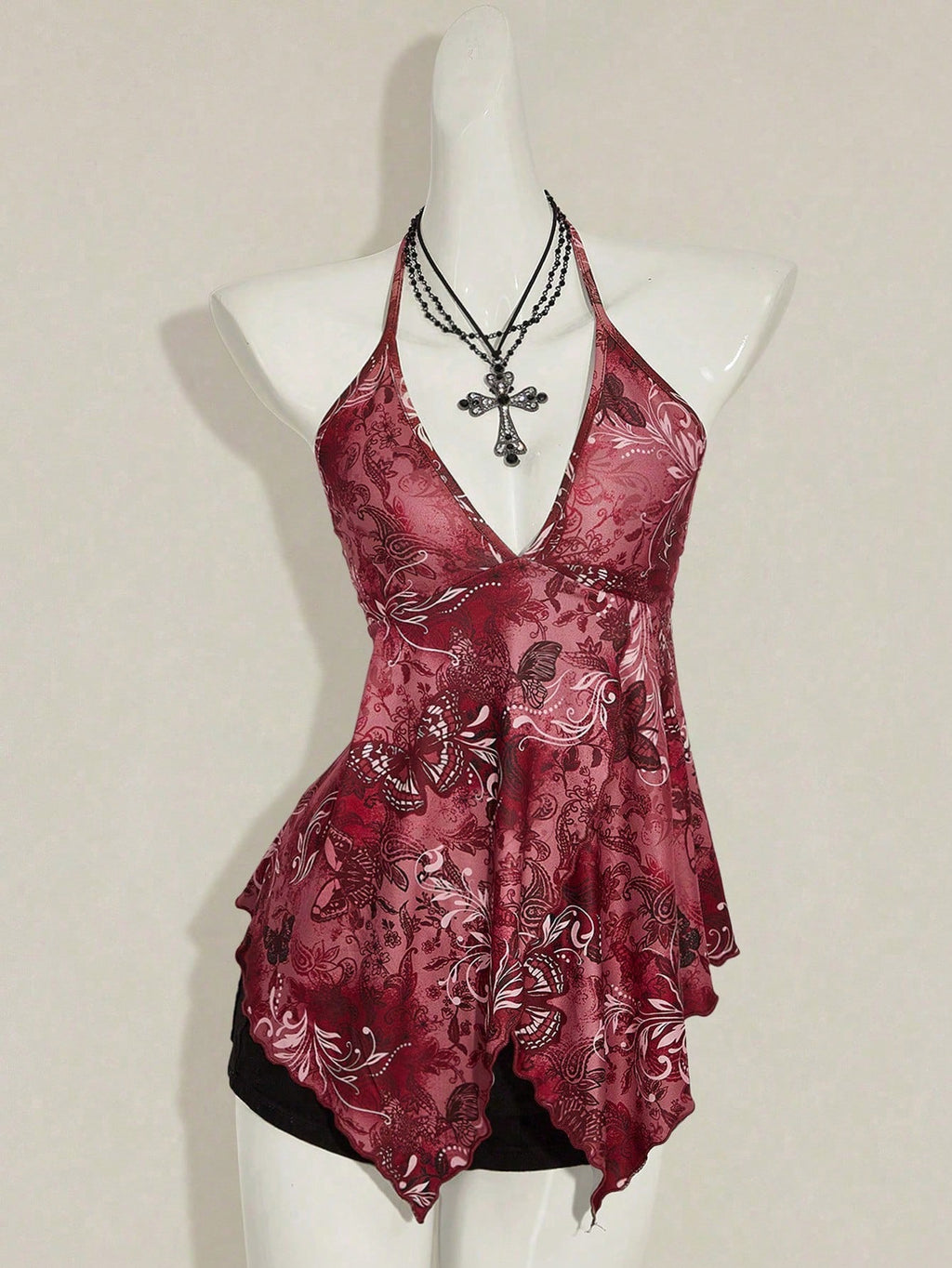 Women’s Boho Butterfly Print Halter Top – Blue Floral Vacation Bandana Camisole