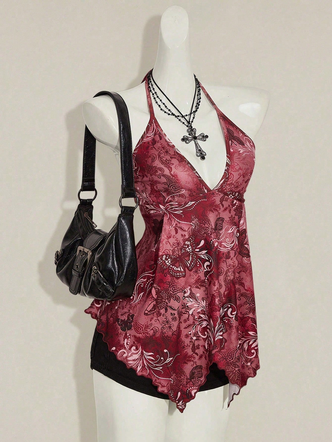Women’s Boho Butterfly Print Halter Top – Blue Floral Vacation Bandana Camisole