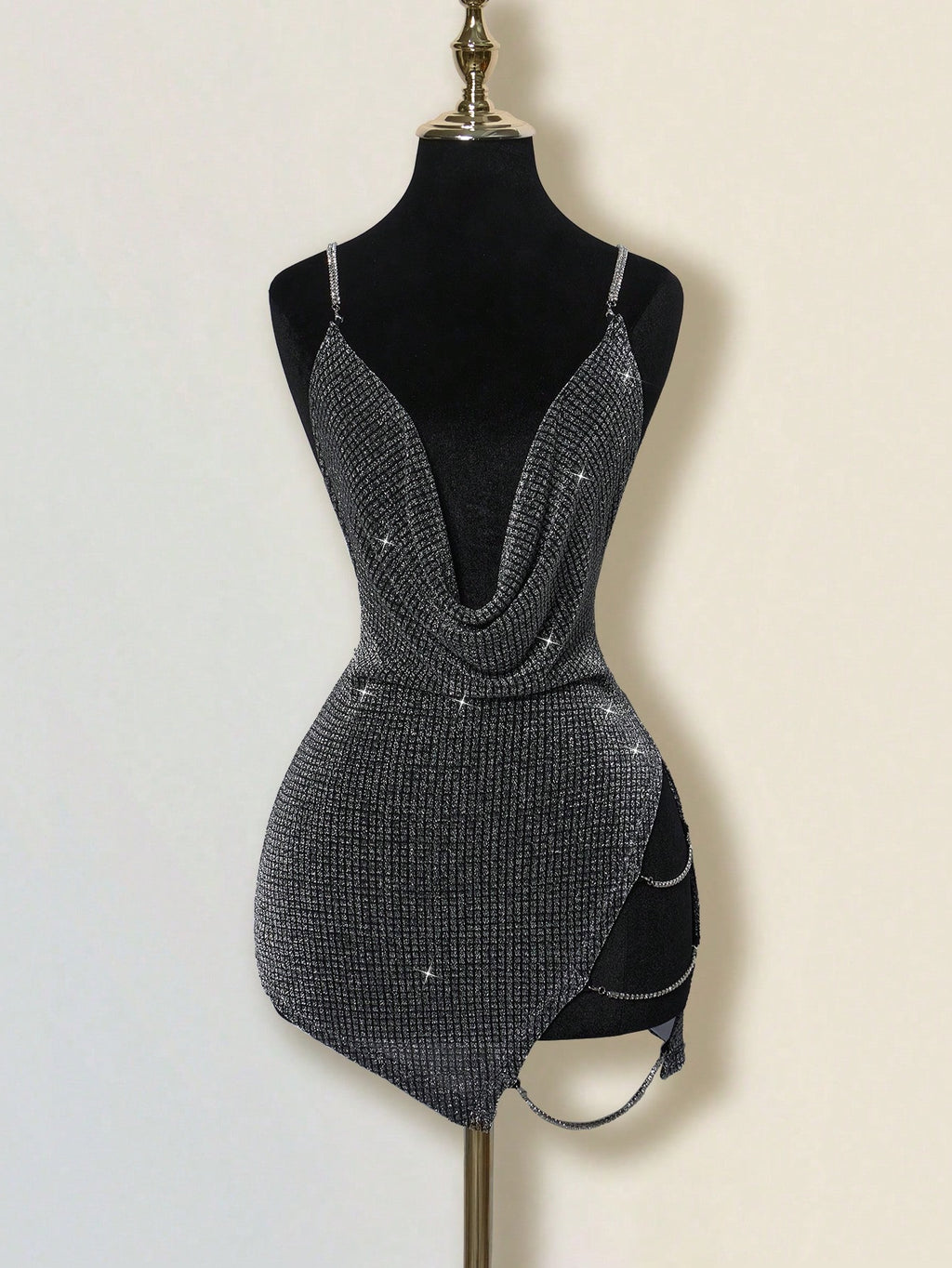Rhinestone Backless Mini Dress – Deep V-Neck Criss-Cross High Slit Party Dress