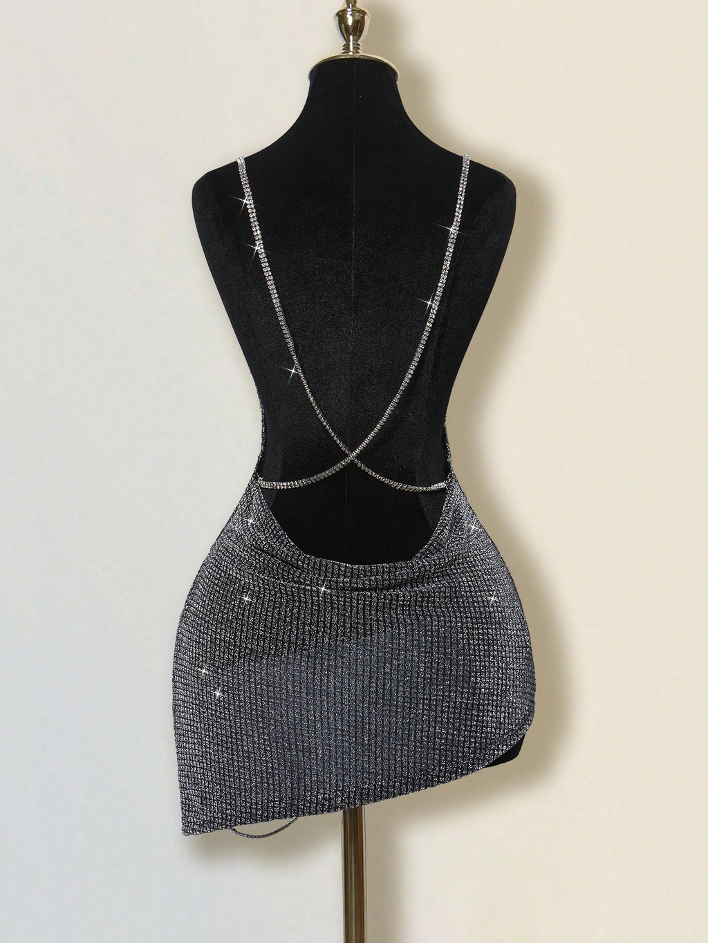 Rhinestone Backless Mini Dress – Deep V-Neck Criss-Cross High Slit Party Dress