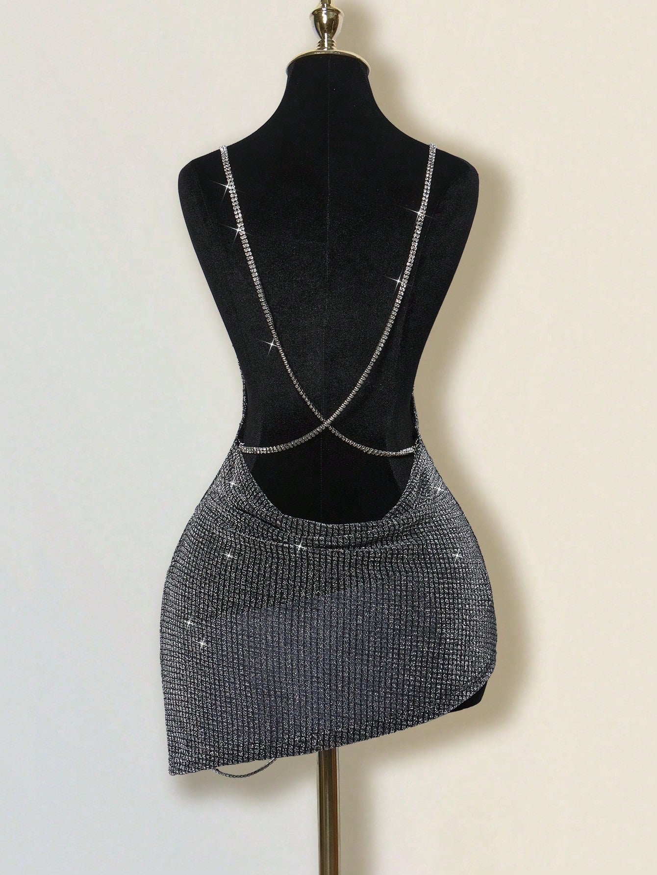 Rhinestone Backless Mini Dress – Deep V-Neck Criss-Cross High Slit Party Dress