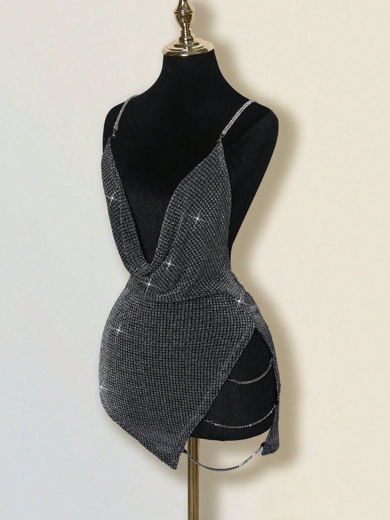 Rhinestone Backless Mini Dress – Deep V-Neck Criss-Cross High Slit Party Dress