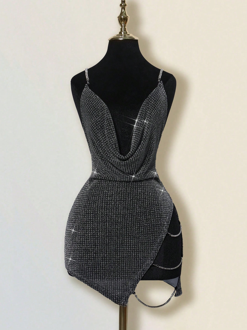 Rhinestone Backless Mini Dress – Deep V-Neck Criss-Cross High Slit Party Dress