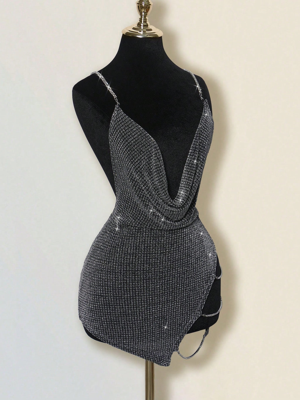 Rhinestone Backless Mini Dress – Deep V-Neck Criss-Cross High Slit Party Dress