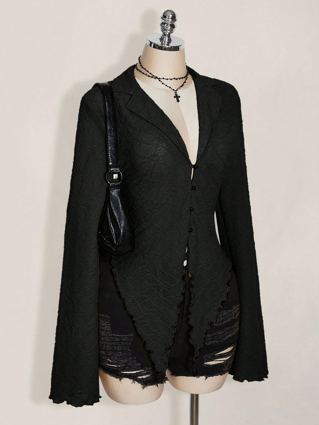 Plus Size Y2K Sheer Mesh Top – Lettuce Trim Asymmetrical Hem Black Blouse