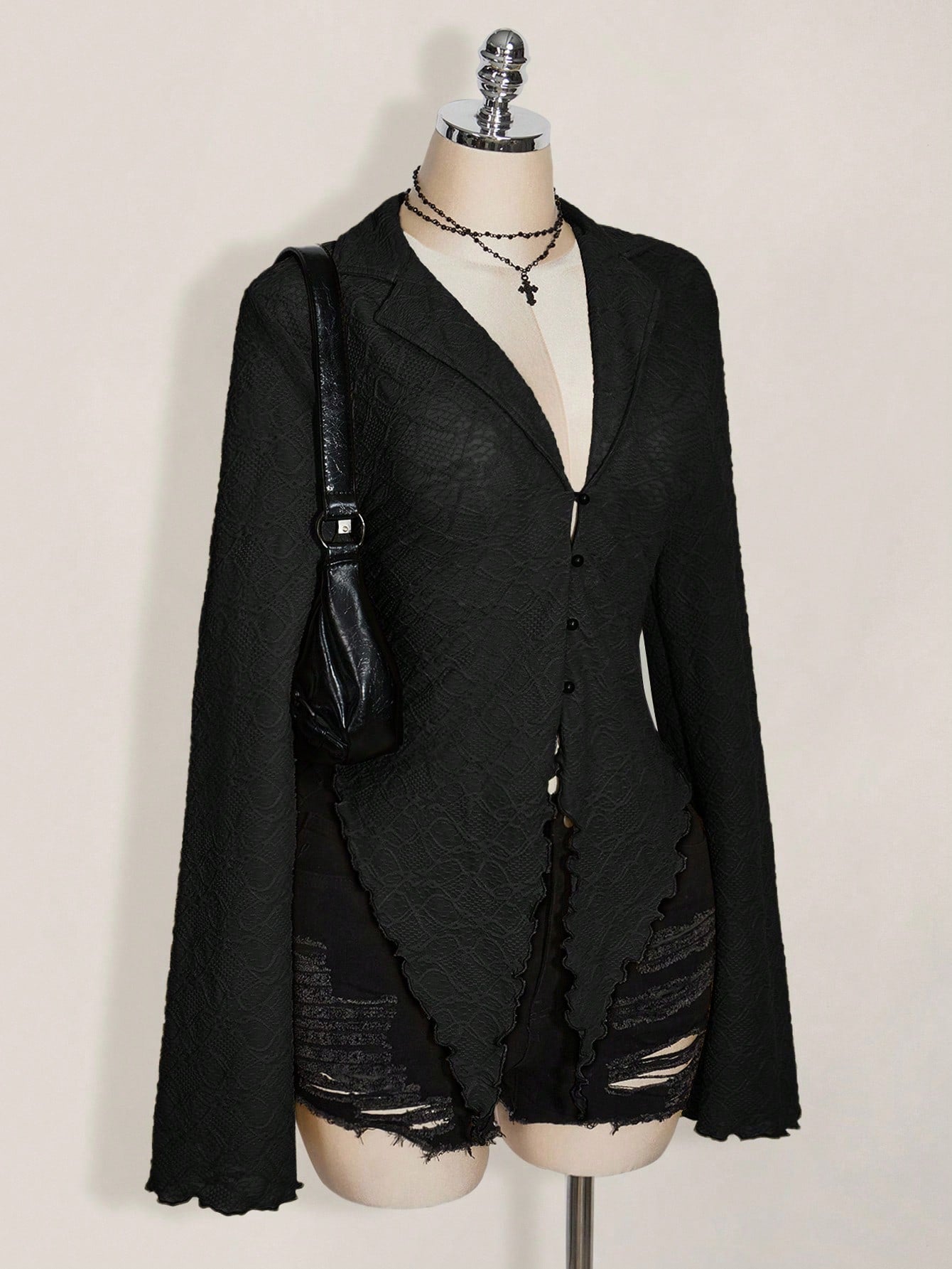 Plus Size Y2K Sheer Mesh Top – Lettuce Trim Asymmetrical Hem Black Blouse