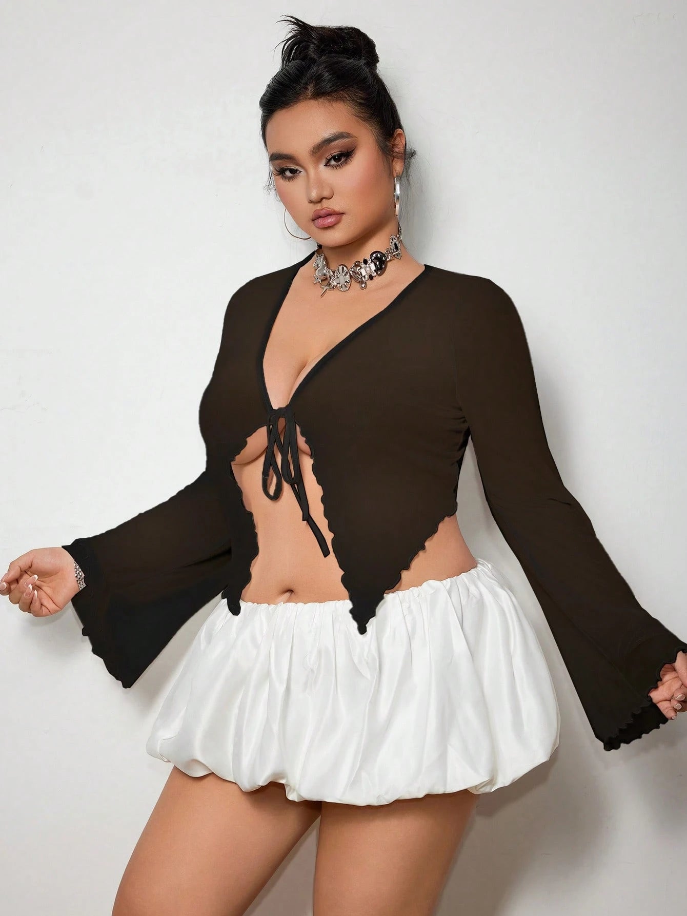 Plus Size White Mesh Tie Front Top – Y2K Lettuce Trim Clubwear Sexy Vacation Blouse for Women