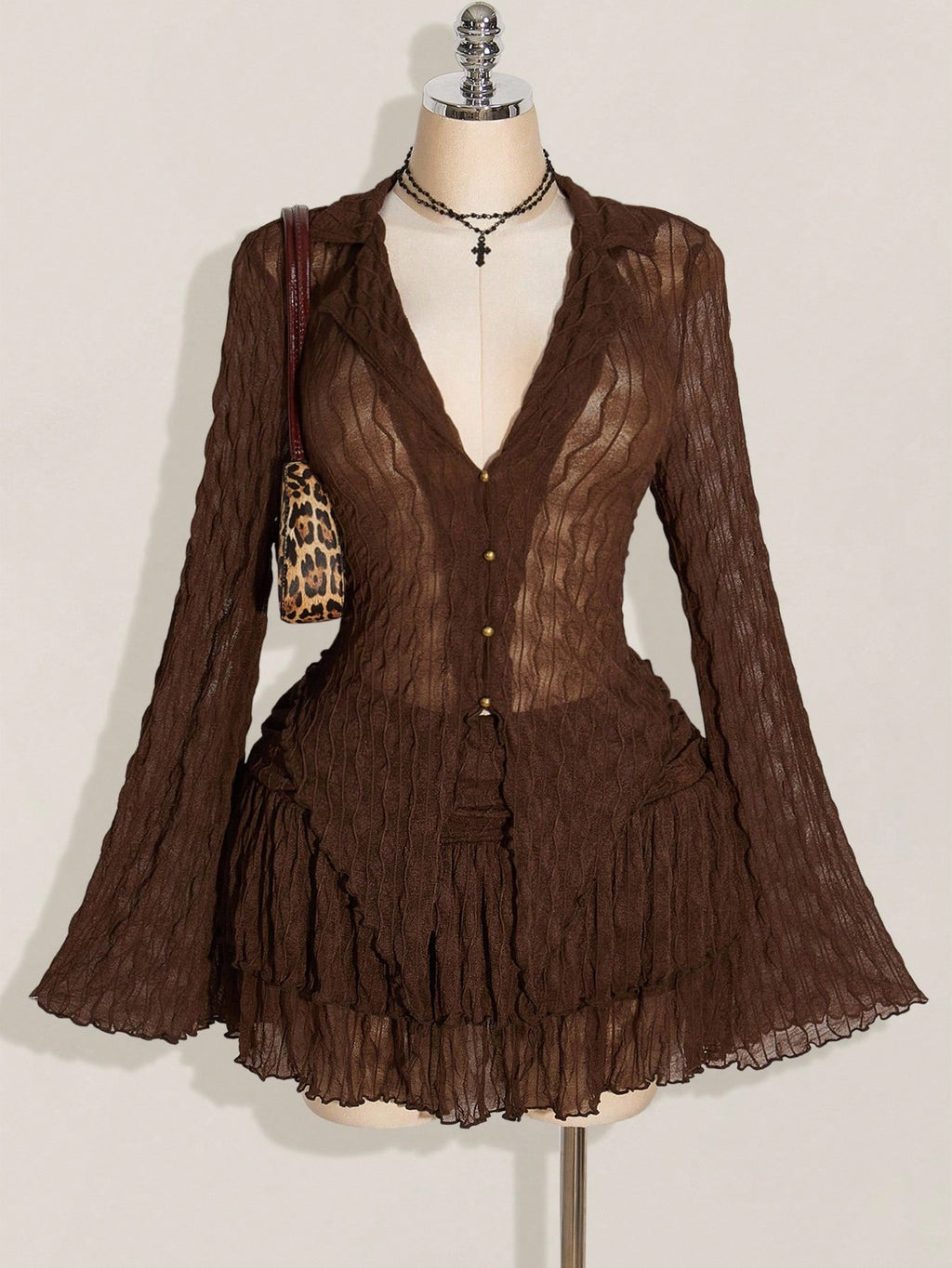 SHEIN ICON Y2K Mesh Lettuce Edge Top & Layered Cake Skirt 2 Piece Set – Coffee Brown Autumn Outfit