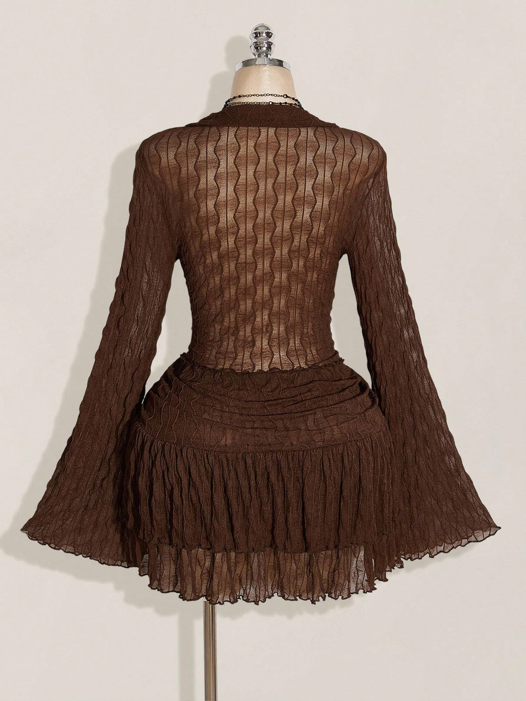 SHEIN ICON Y2K Mesh Lettuce Edge Top & Layered Cake Skirt 2 Piece Set – Coffee Brown Autumn Outfit