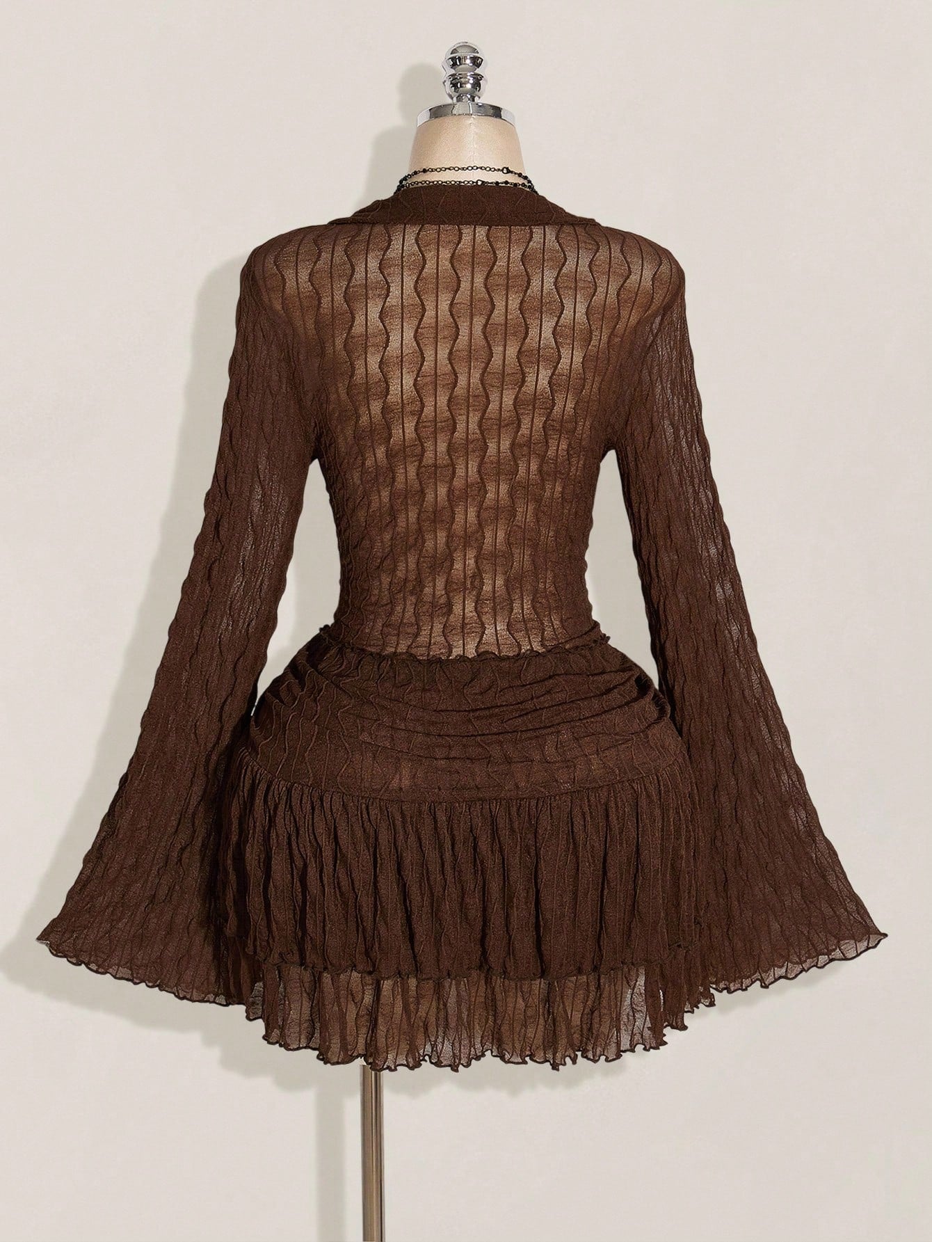 SHEIN ICON Y2K Mesh Lettuce Edge Top & Layered Cake Skirt 2 Piece Set – Coffee Brown Autumn Outfit