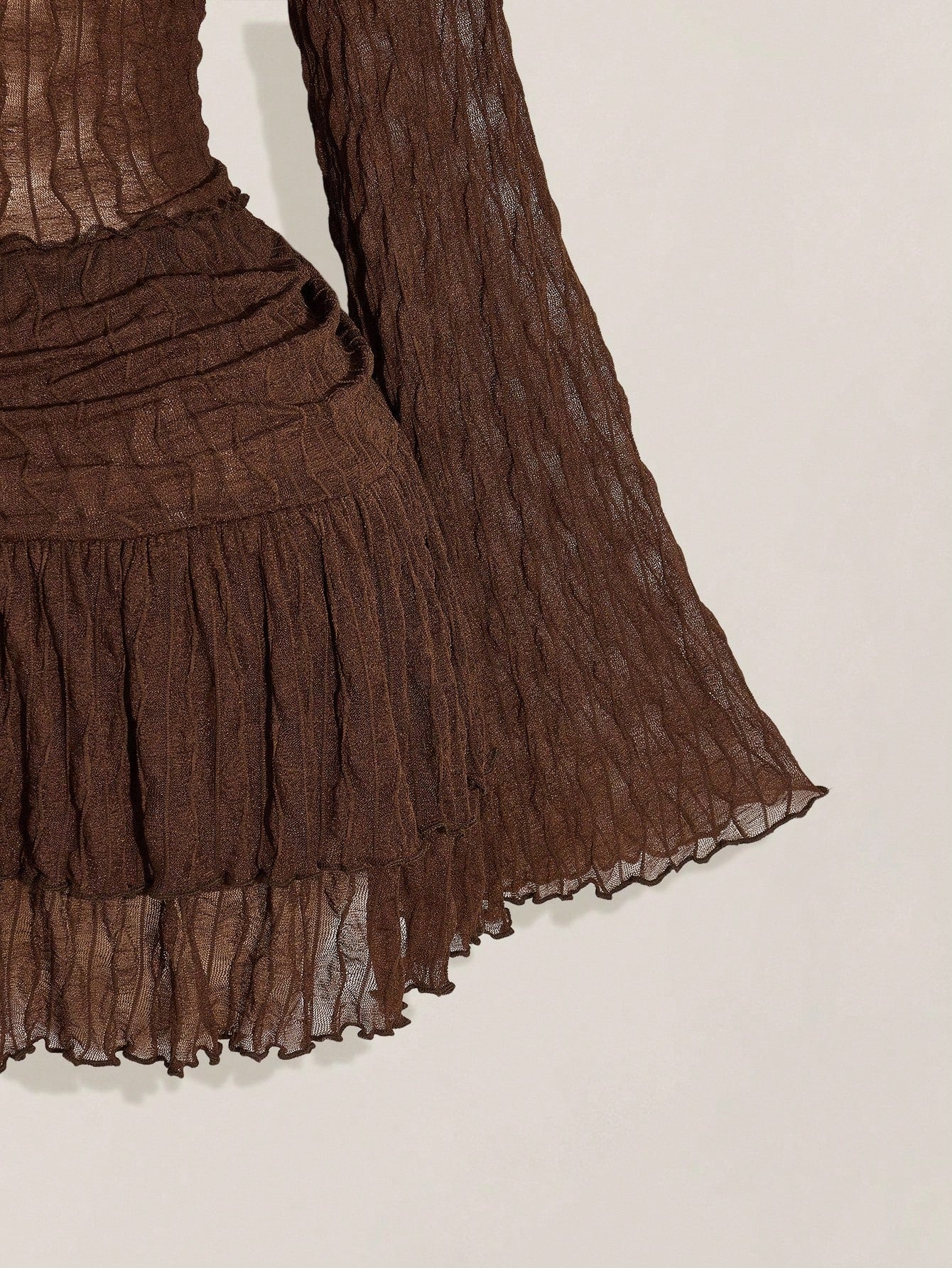 SHEIN ICON Y2K Mesh Lettuce Edge Top & Layered Cake Skirt 2 Piece Set – Coffee Brown Autumn Outfit