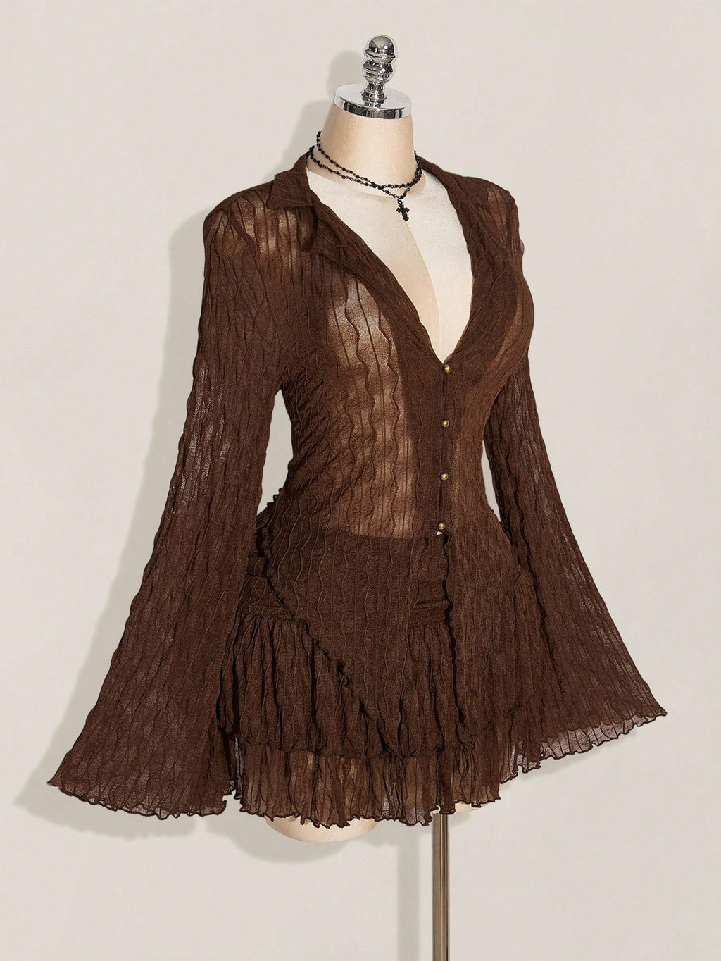SHEIN ICON Y2K Mesh Lettuce Edge Top & Layered Cake Skirt 2 Piece Set – Coffee Brown Autumn Outfit
