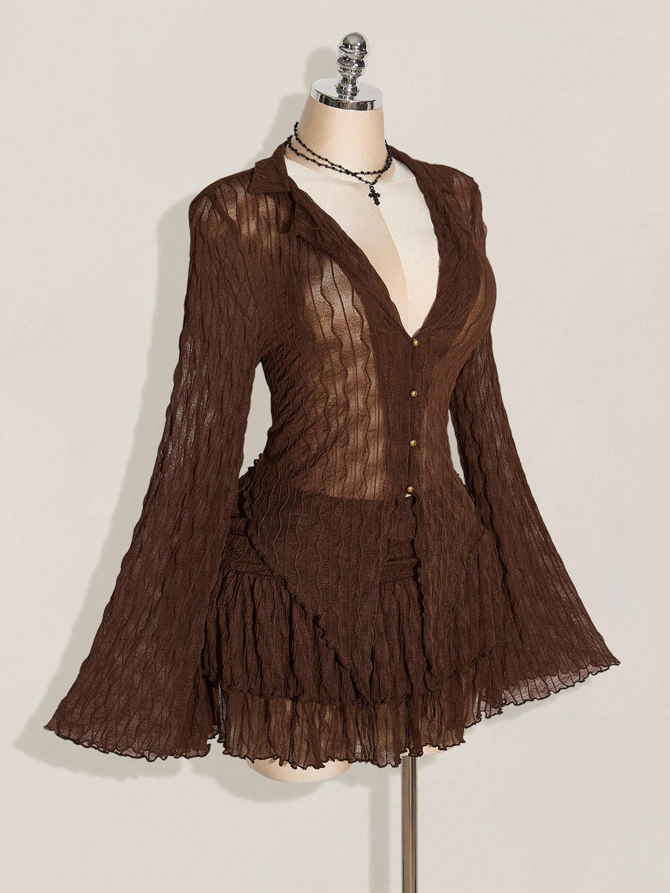 SHEIN ICON Y2K Mesh Lettuce Edge Top & Layered Cake Skirt 2 Piece Set – Coffee Brown Autumn Outfit