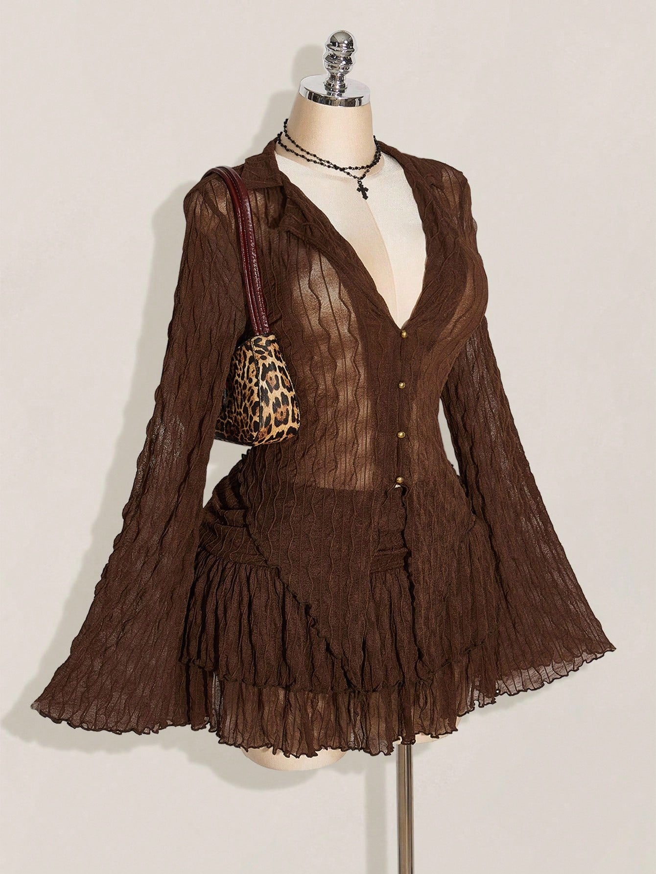 SHEIN ICON Y2K Mesh Lettuce Edge Top & Layered Cake Skirt 2 Piece Set – Coffee Brown Autumn Outfit