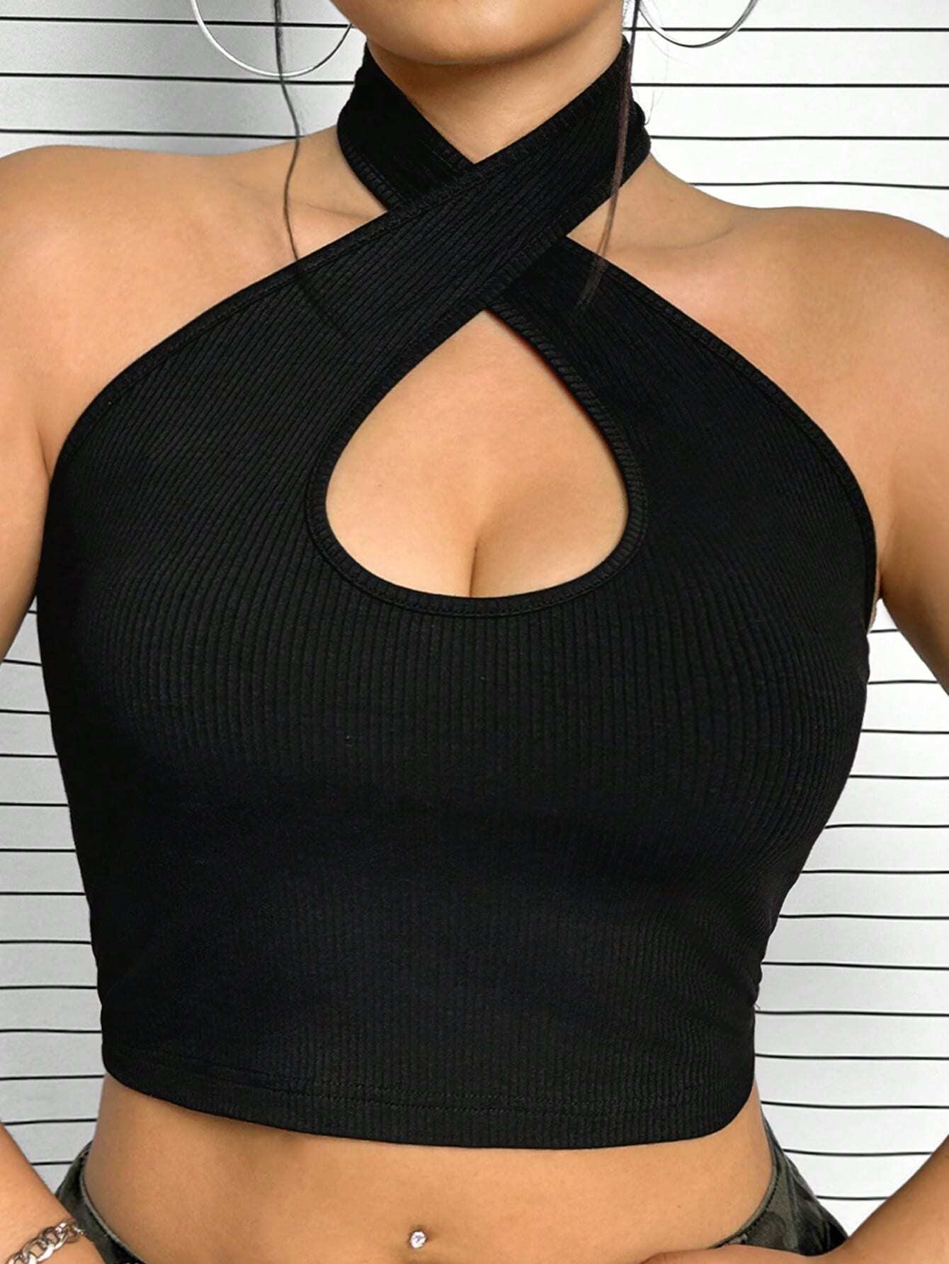 Plus Size Criss Cross Halter Top – Low Back Summer Crop Top for Women