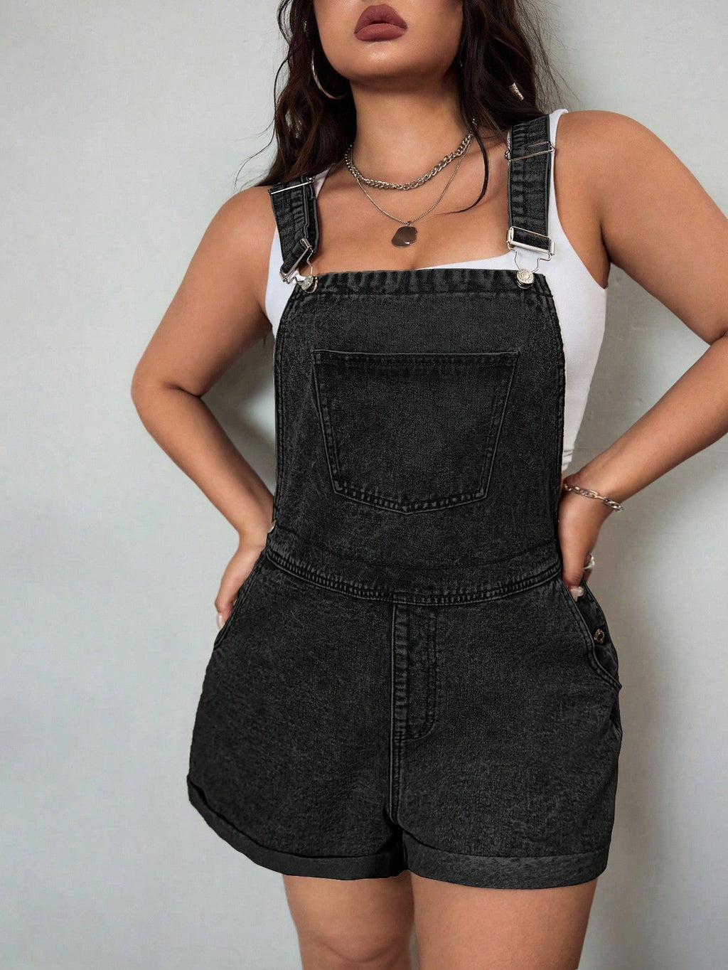 SHEIN ICON Plus Size Distressed Denim Bib Overall Romper – Casual Distressed Denim Shortalls for Women Summer Fashion