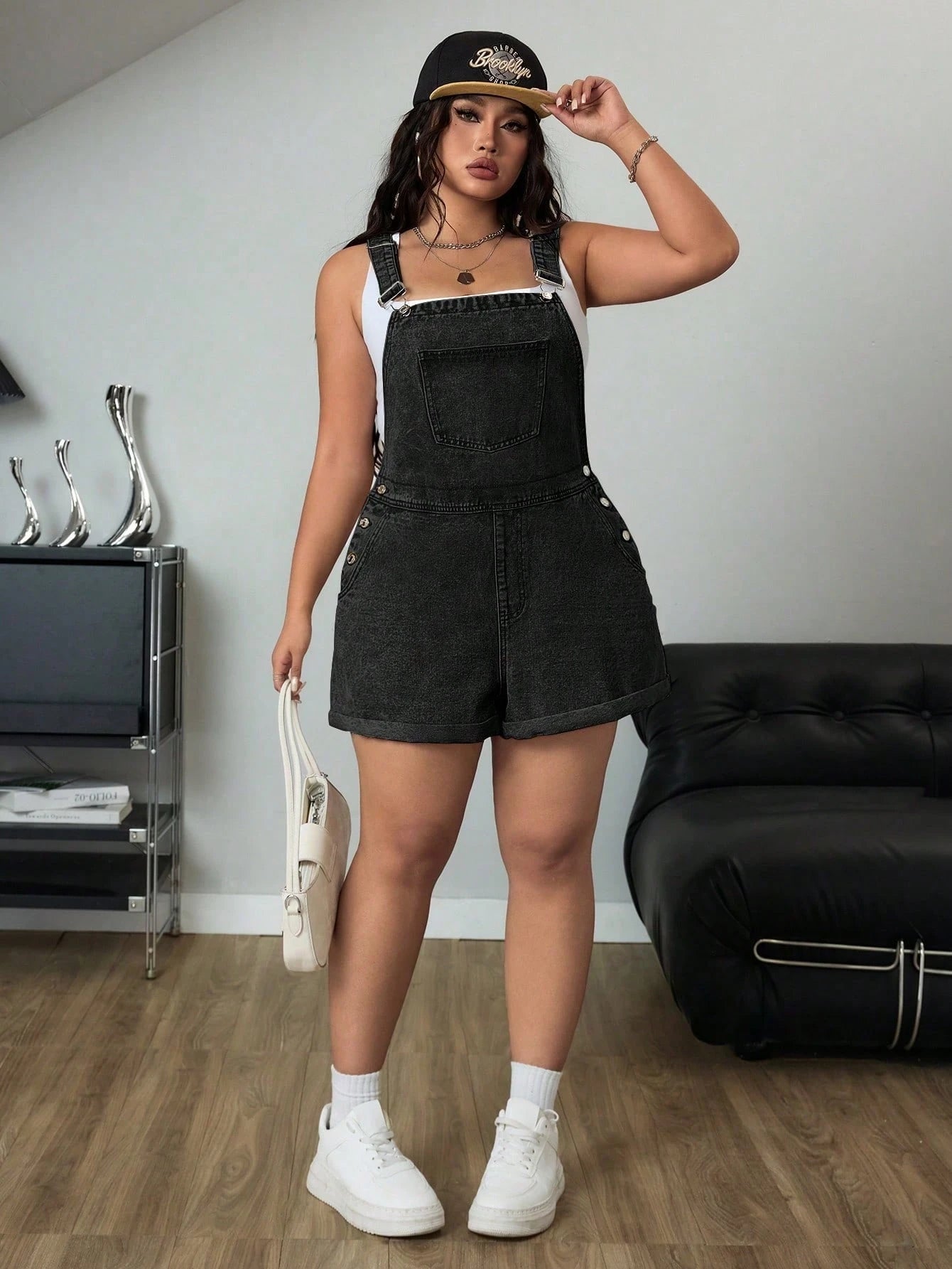 SHEIN ICON Plus Size Distressed Denim Bib Overall Romper – Casual Distressed Denim Shortalls for Women Summer Fashion