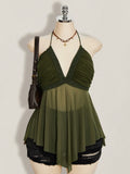 Plus Size Asymmetrical Mesh Patchwork Halter Tank Top – Y2K Going Out Crop Top for Women