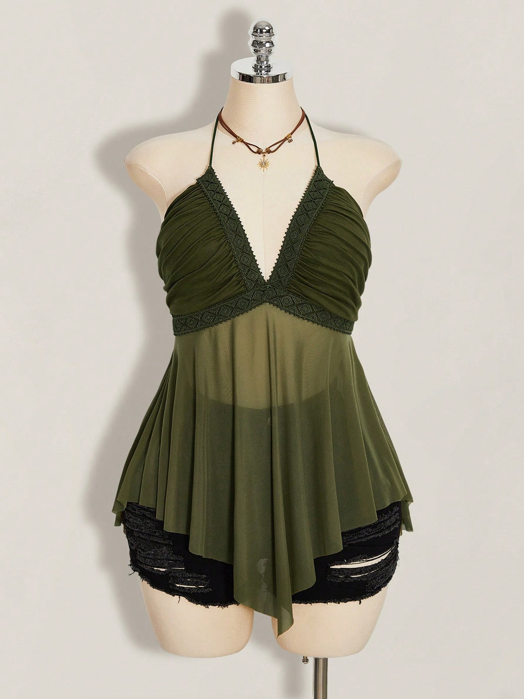 Plus Size Asymmetrical Mesh Patchwork Halter Tank Top – Y2K Going Out Crop Top for Women