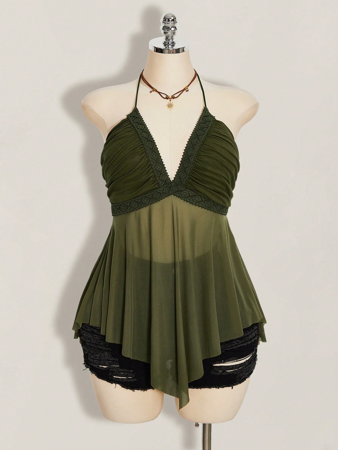 Plus Size Asymmetrical Mesh Patchwork Halter Tank Top – Y2K Going Out Crop Top for Women