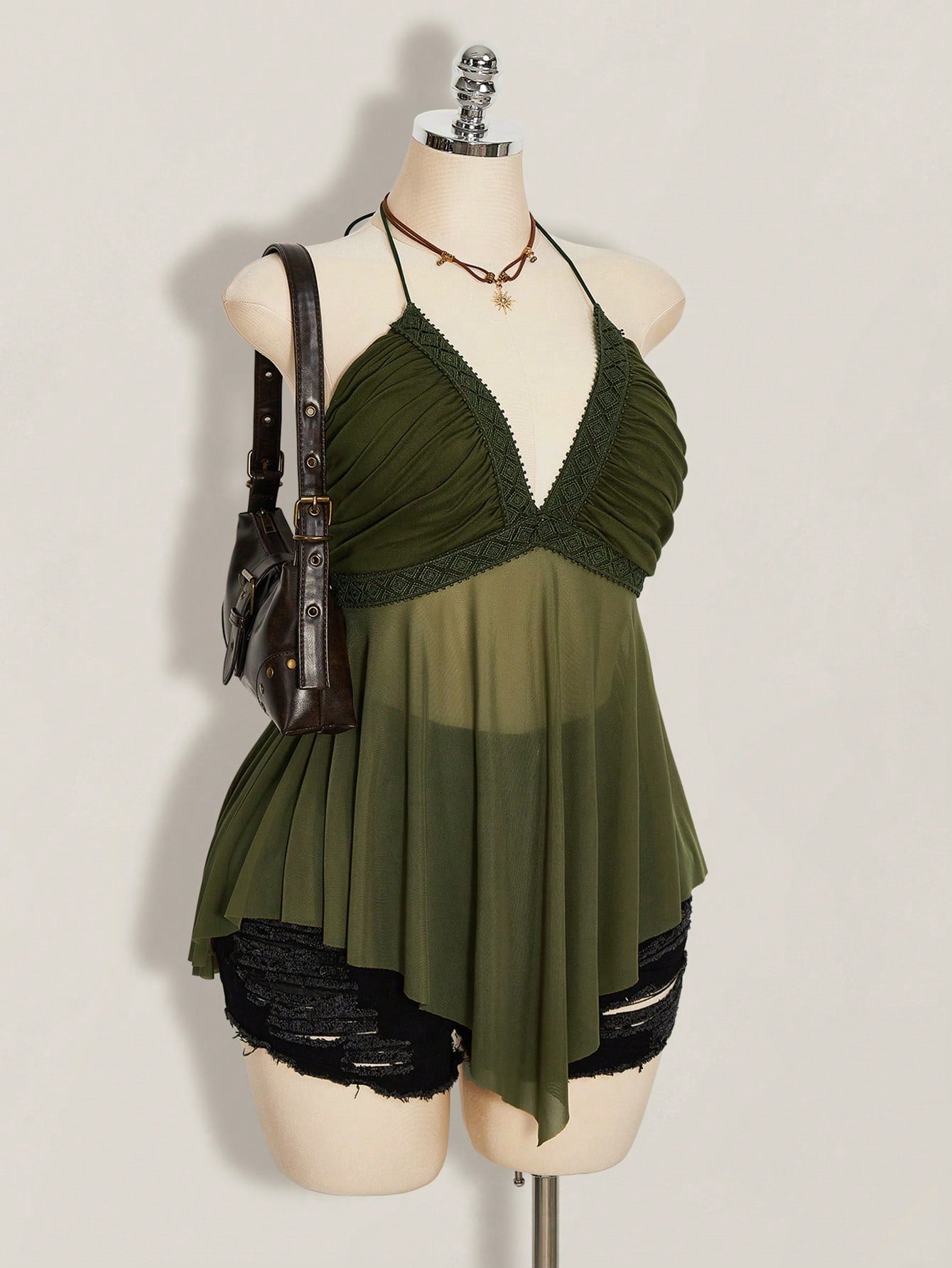 Plus Size Asymmetrical Mesh Patchwork Halter Tank Top – Y2K Going Out Crop Top for Women