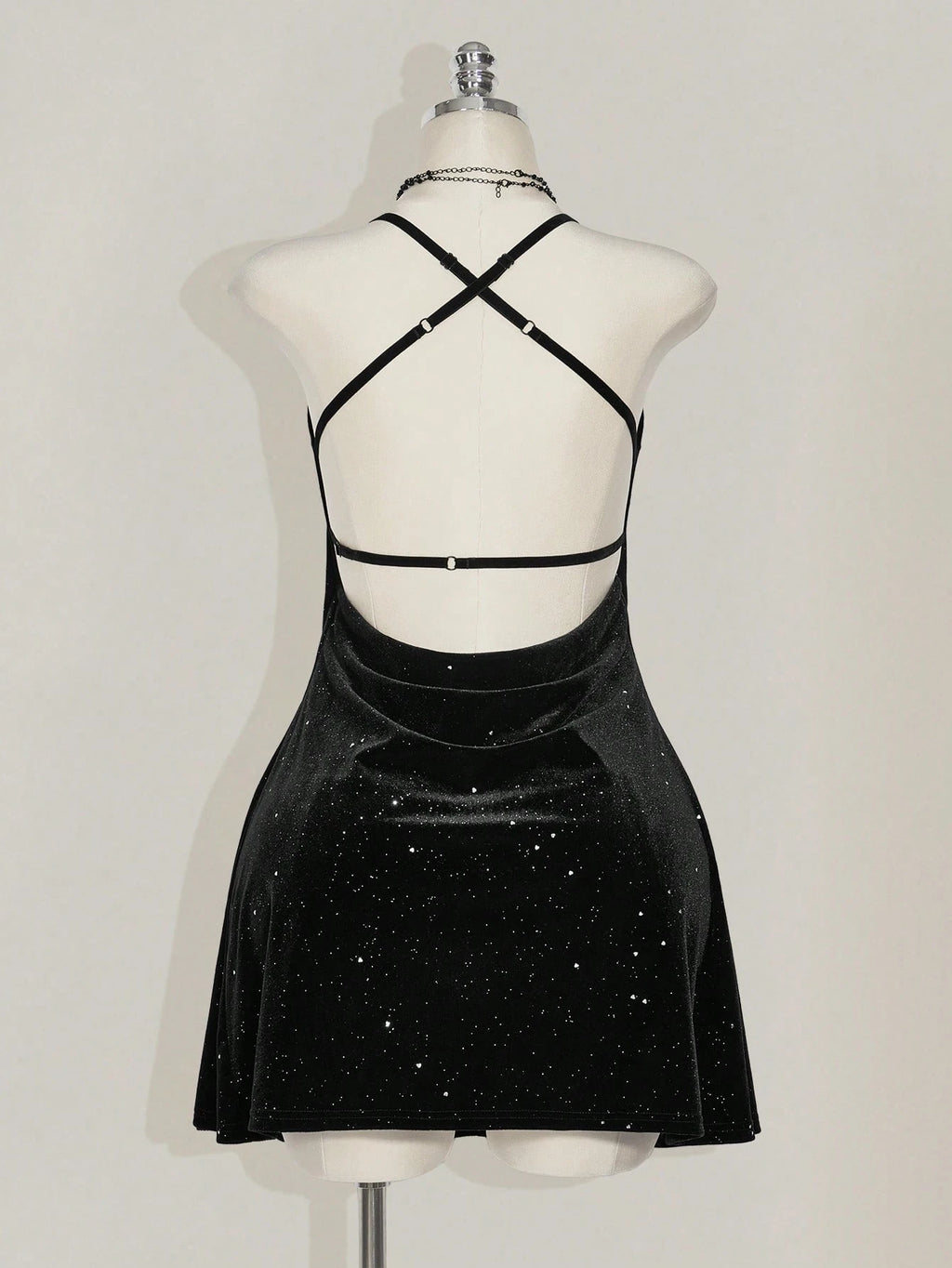 Plus Size Black Velvet Mini Dress – Backless Glitter Goth Party Dress for Women
