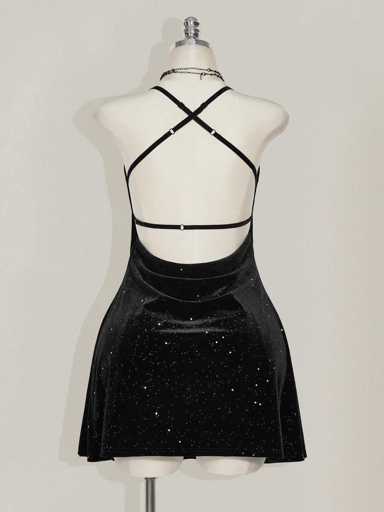 Plus Size Black Velvet Mini Dress – Backless Glitter Goth Party Dress for Women