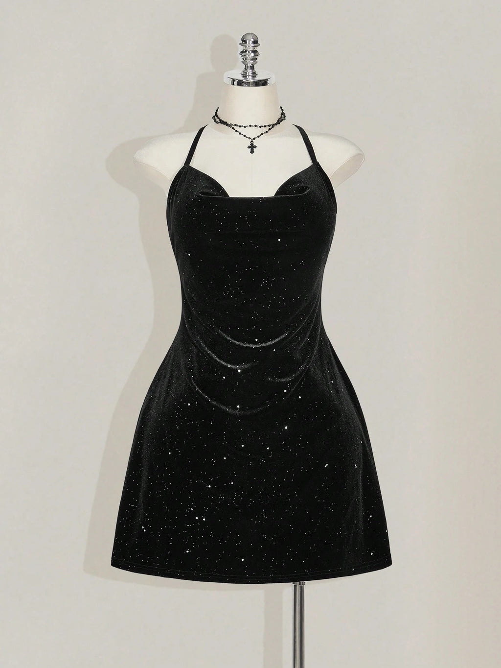 Plus Size Black Velvet Mini Dress – Backless Glitter Goth Party Dress for Women