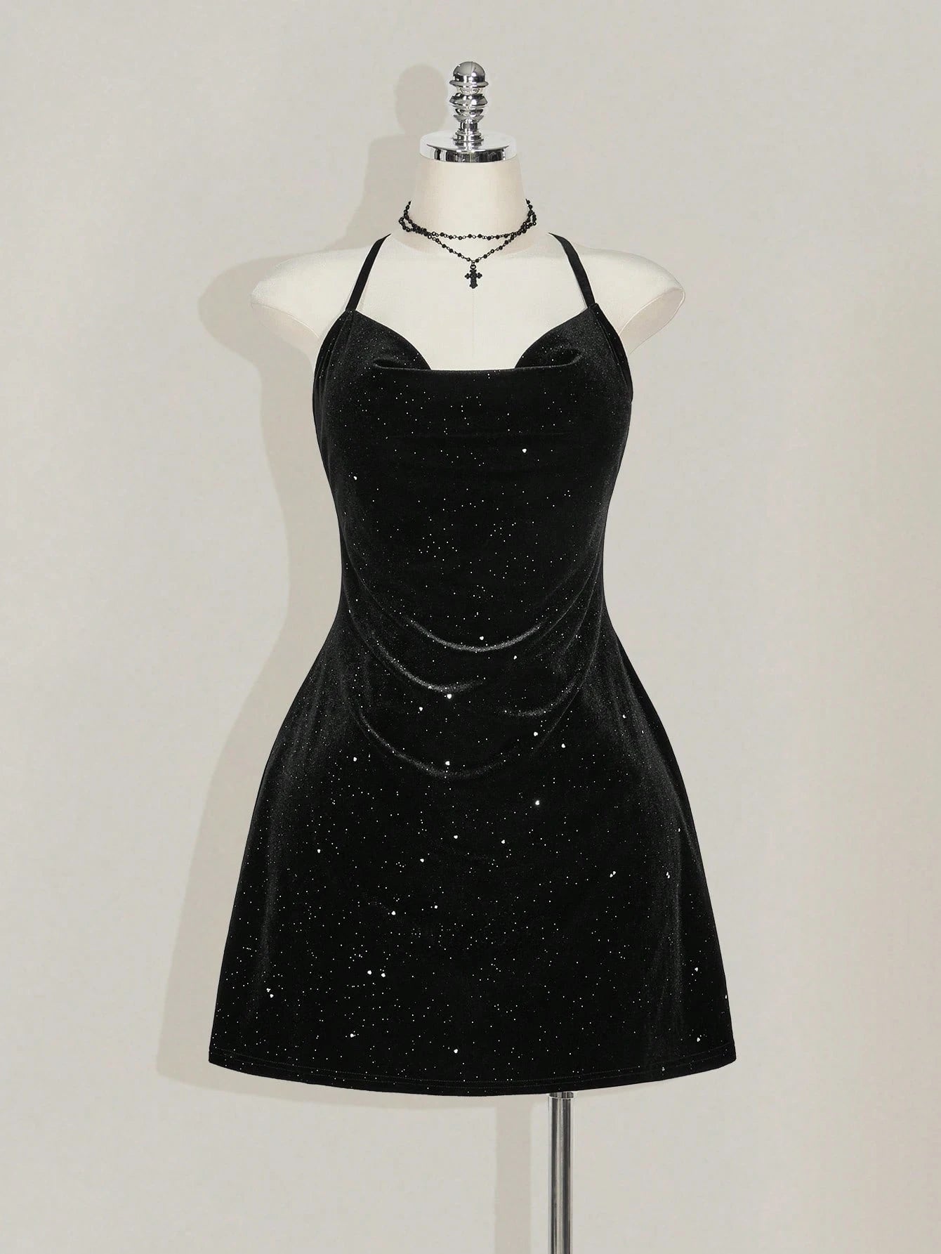 Plus Size Black Velvet Mini Dress – Backless Glitter Goth Party Dress for Women