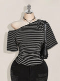 SHEIN ICON Plus Size Y2K Off Shoulder Striped Crop Top – Black & Grey Knit Casual Tee for Women