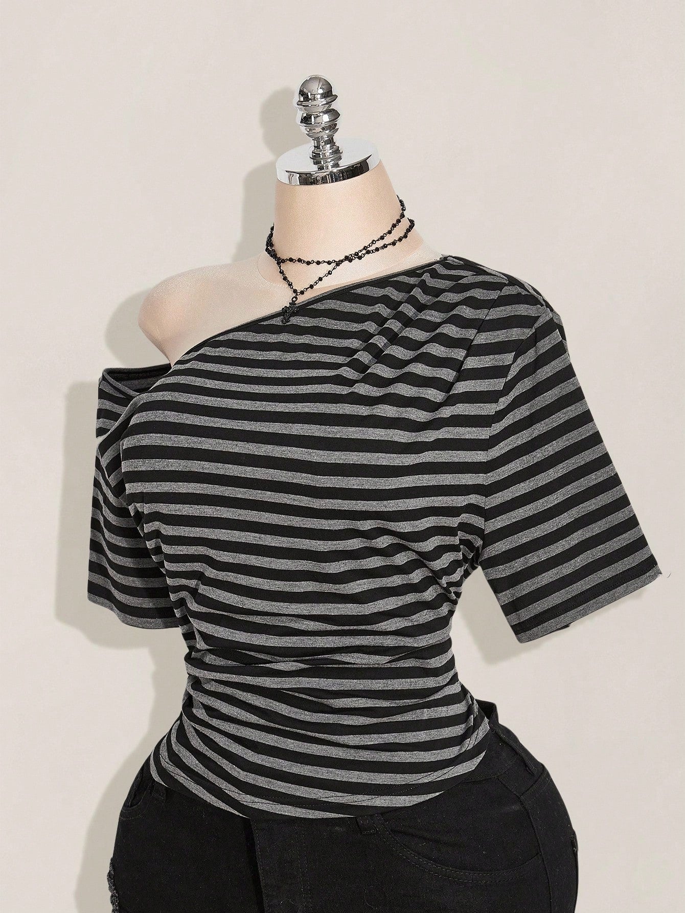 SHEIN ICON Plus Size Y2K Off Shoulder Striped Crop Top – Black & Grey Knit Casual Tee for Women