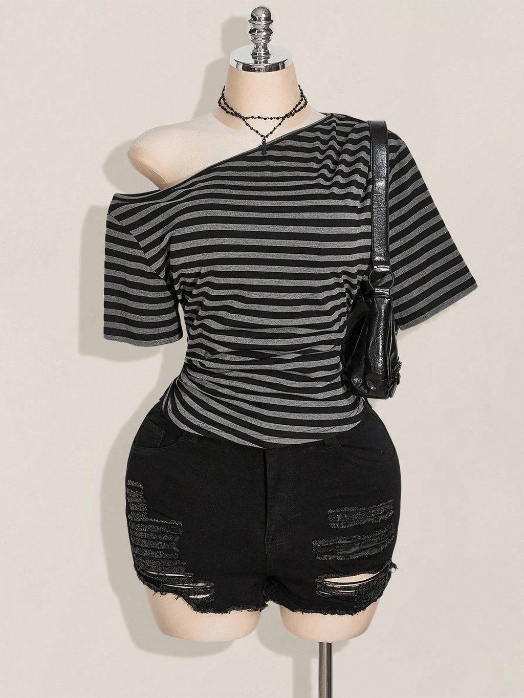 SHEIN ICON Plus Size Y2K Off Shoulder Striped Crop Top – Black & Grey Knit Casual Tee for Women