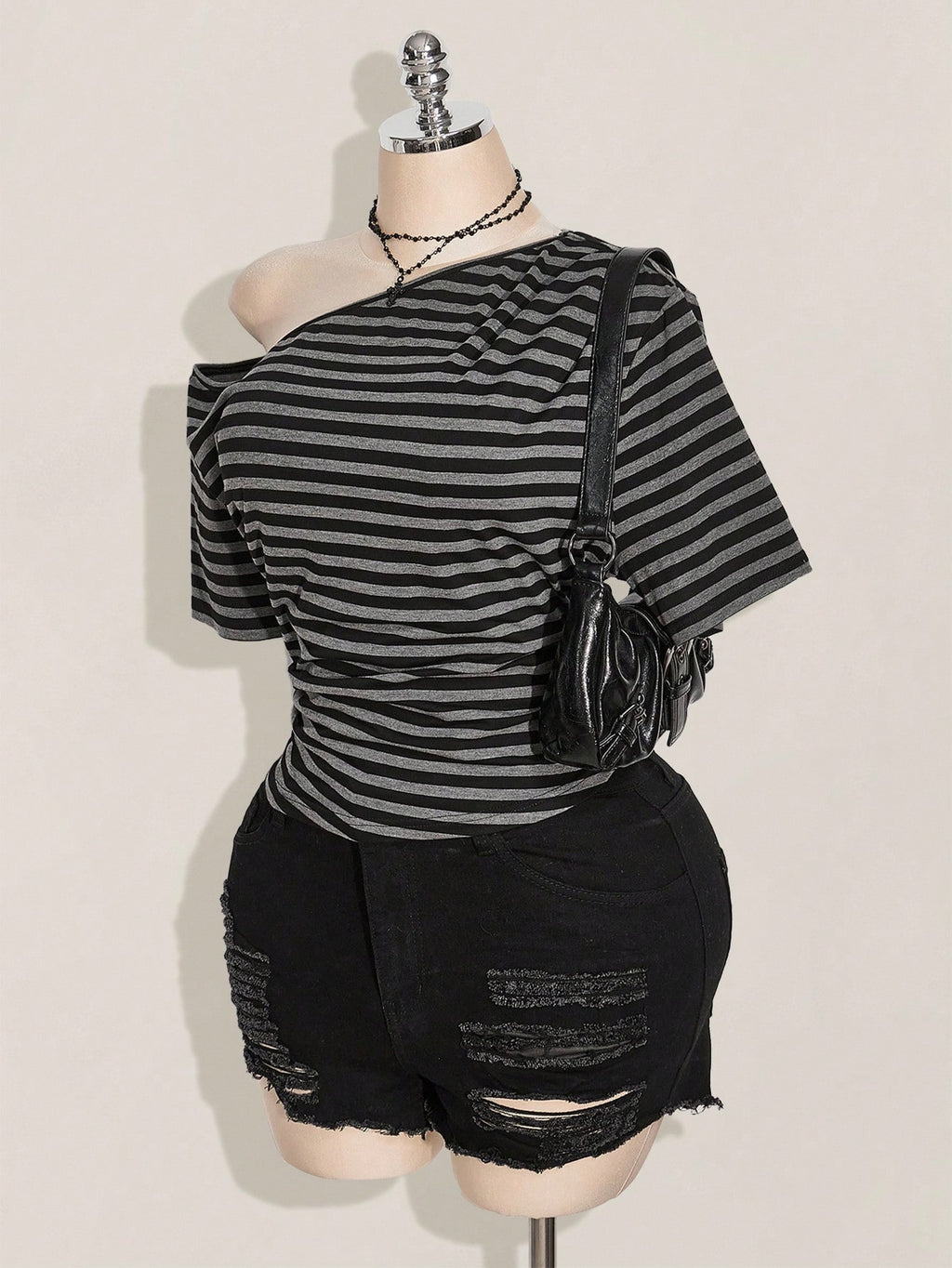 SHEIN ICON Plus Size Y2K Off Shoulder Striped Crop Top – Black & Grey Knit Casual Tee for Women