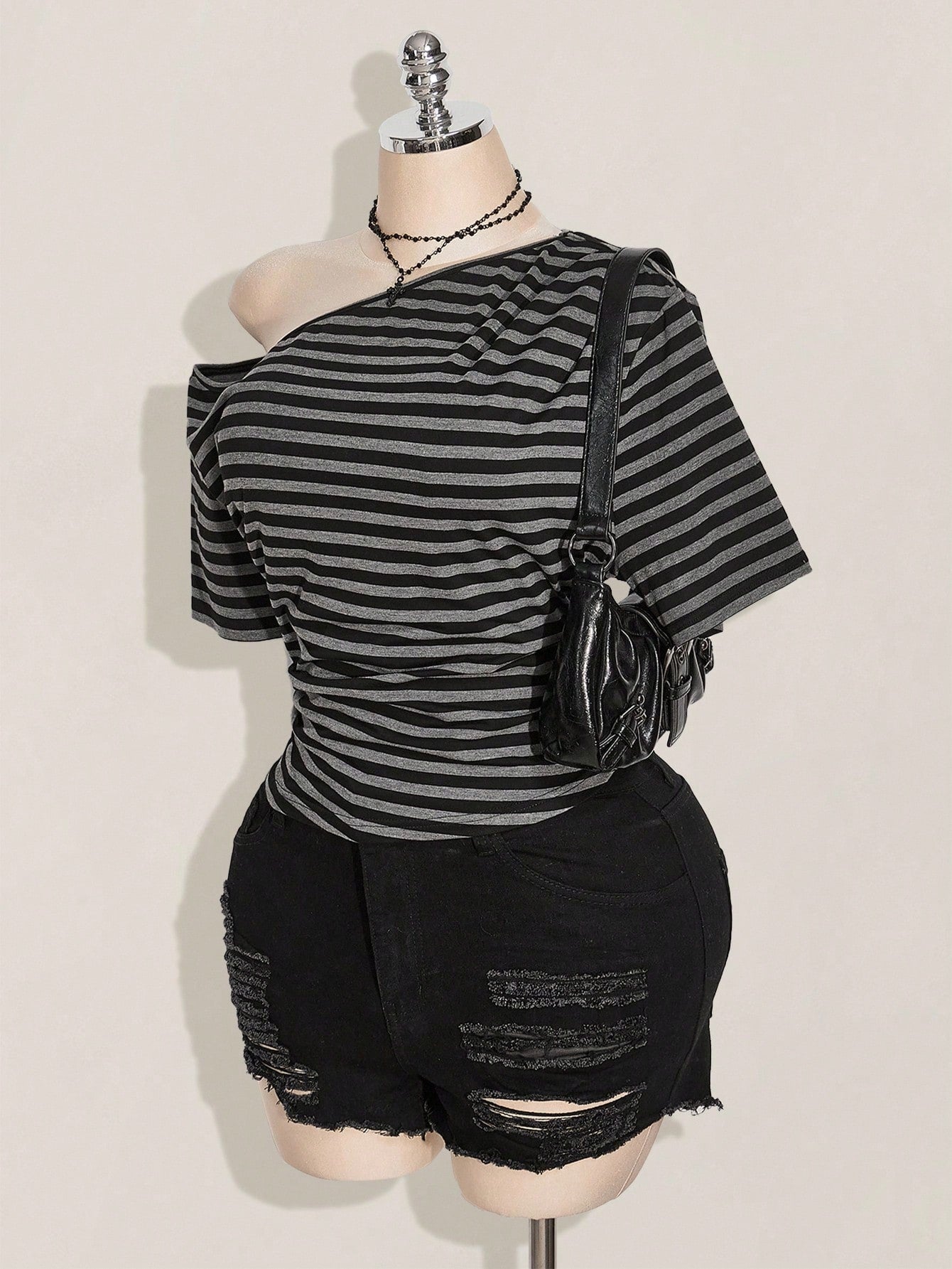 SHEIN ICON Plus Size Y2K Off Shoulder Striped Crop Top – Black & Grey Knit Casual Tee for Women