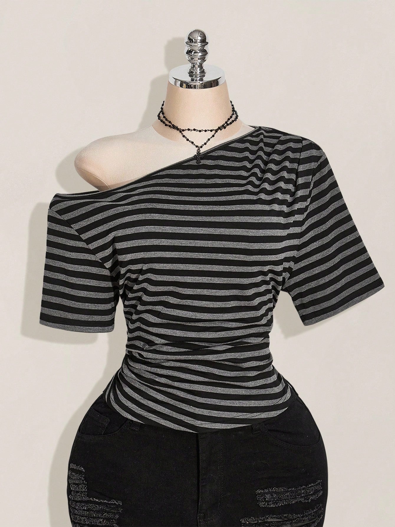 SHEIN ICON Plus Size Y2K Off Shoulder Striped Crop Top – Black & Grey Knit Casual Tee for Women