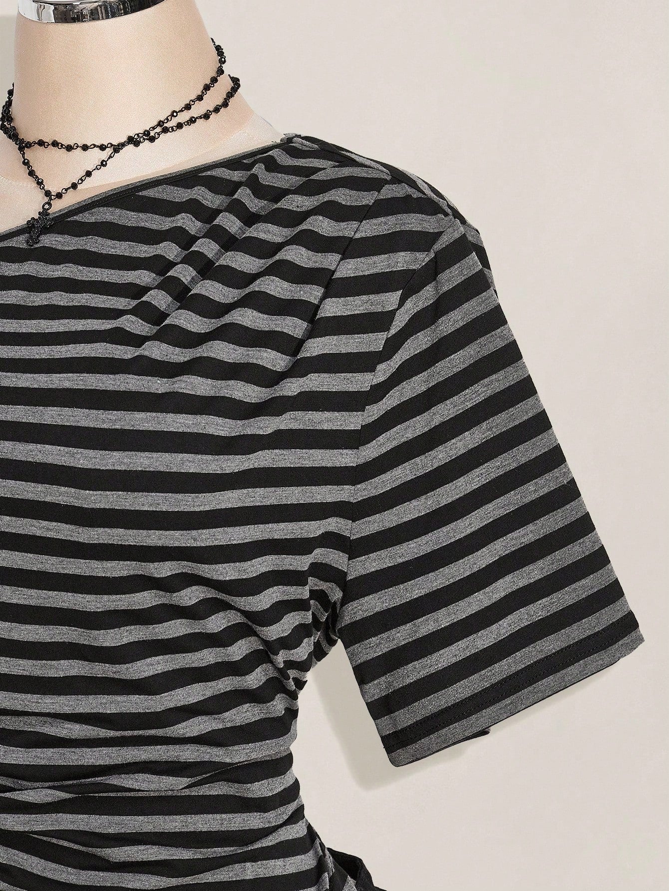 SHEIN ICON Plus Size Y2K Off Shoulder Striped Crop Top – Black & Grey Knit Casual Tee for Women