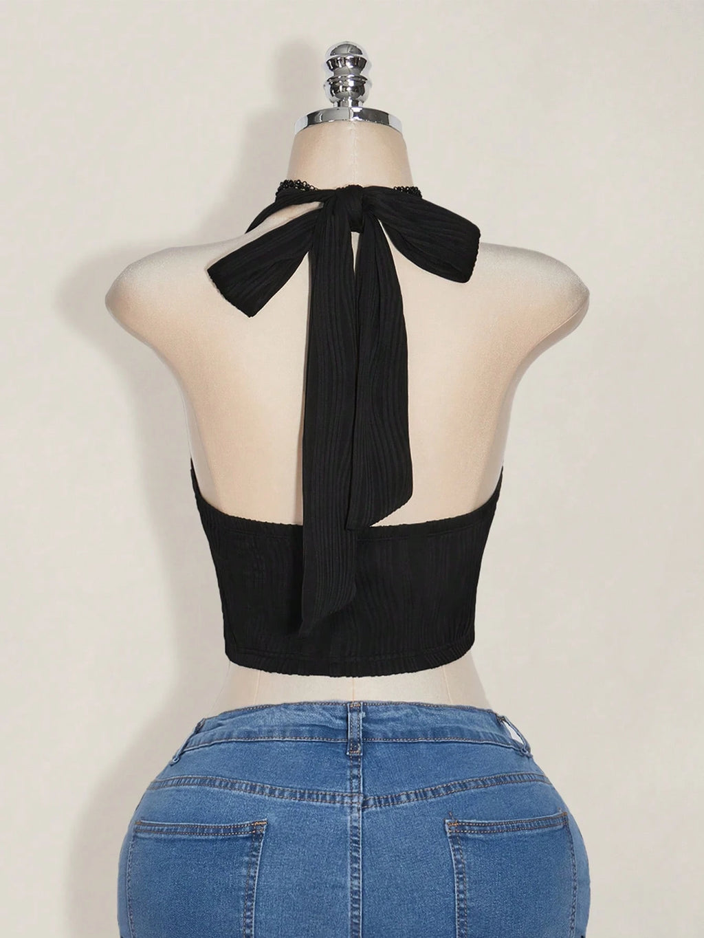 Plus Size Black Halter Bow Top – Y2K Backless Front Tie Knit Top for Women