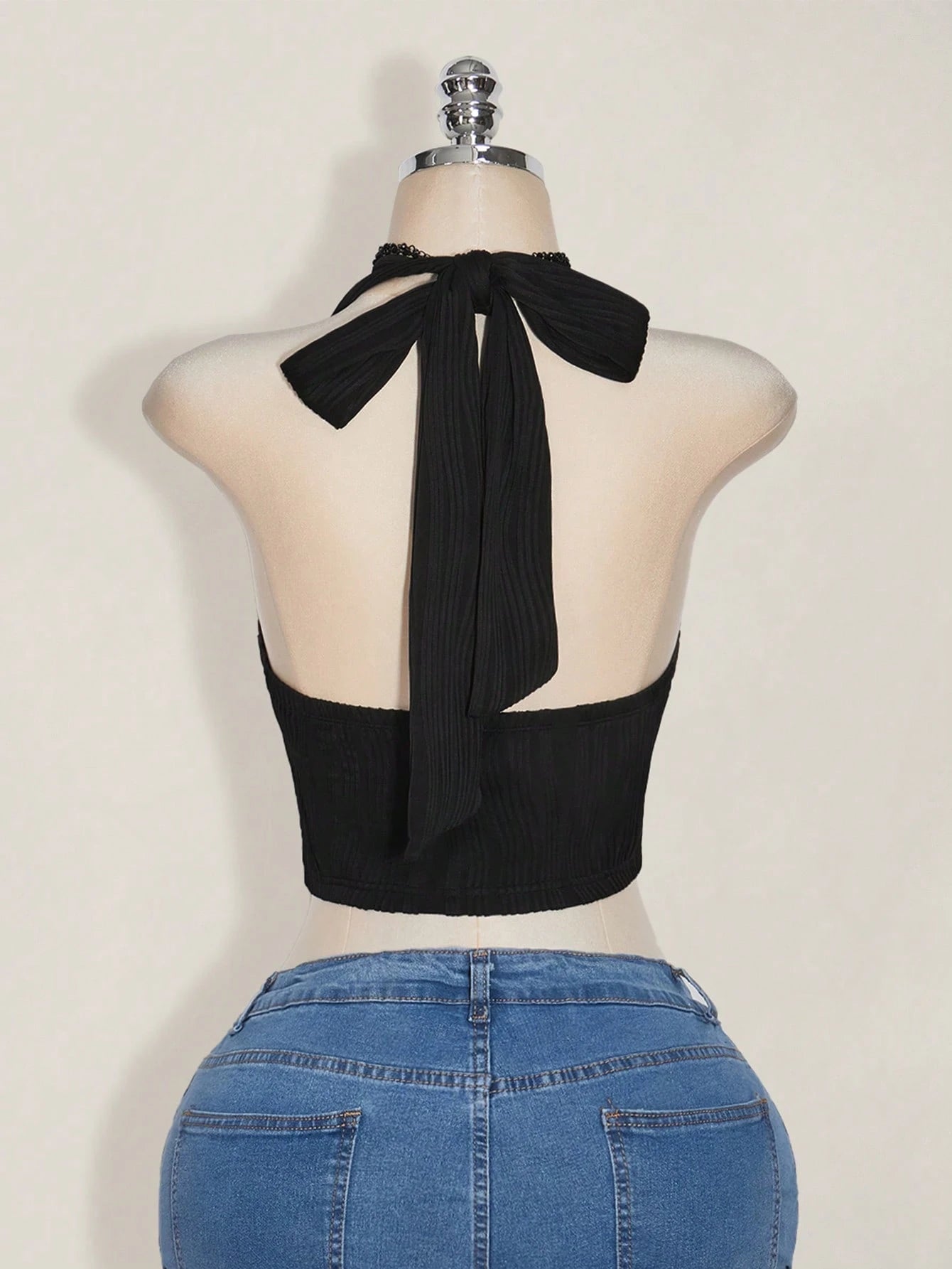 Plus Size Black Halter Bow Top – Y2K Backless Front Tie Knit Top for Women