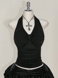 SHEIN ICON Plus Size Black Ruched Halter Crop Top – Backless Bowknot Punk Goth Festival Top for Women
