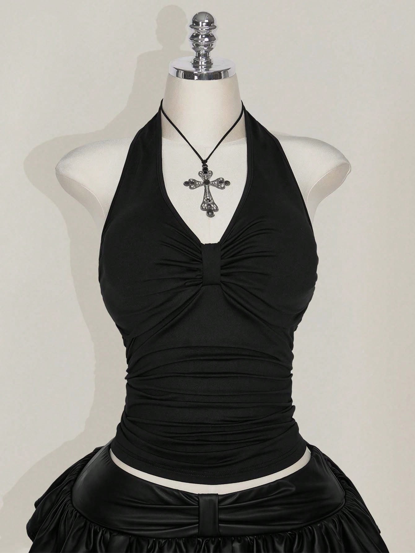 SHEIN ICON Plus Size Black Ruched Halter Crop Top – Backless Bowknot Punk Goth Festival Top for Women