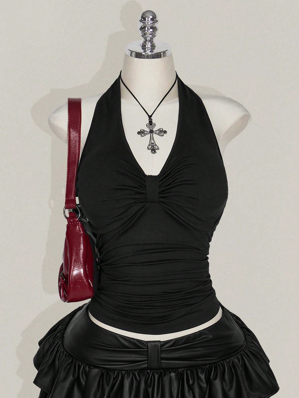 SHEIN ICON Plus Size Black Ruched Halter Crop Top – Backless Bowknot Punk Goth Festival Top for Women