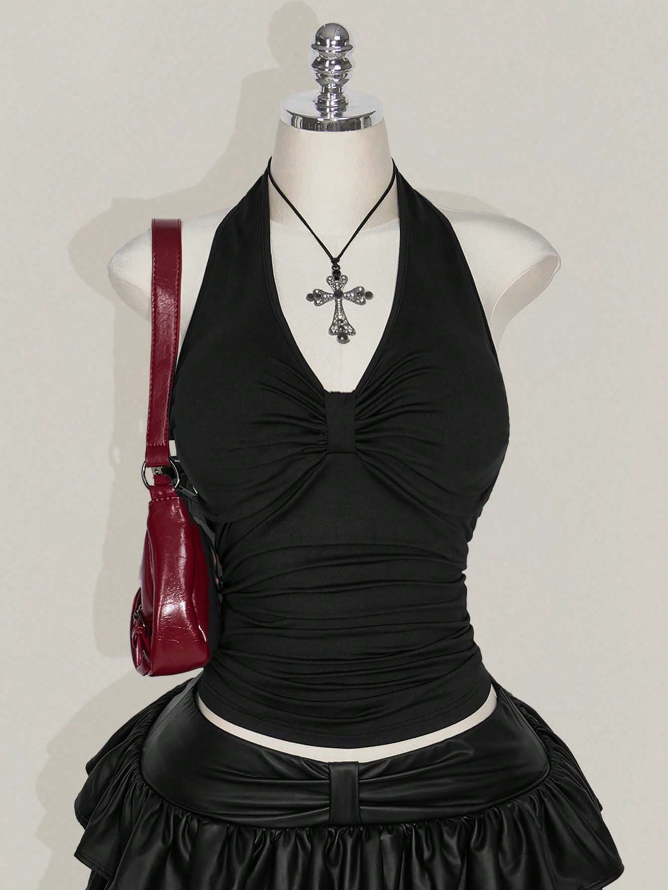 SHEIN ICON Plus Size Black Ruched Halter Crop Top – Backless Bowknot Punk Goth Festival Top for Women