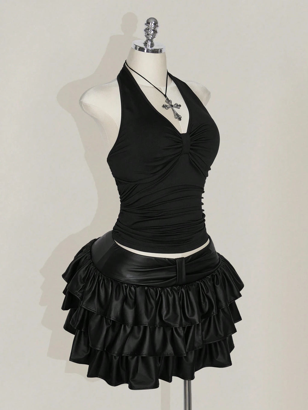 SHEIN ICON Plus Size Black Ruched Halter Crop Top – Backless Bowknot Punk Goth Festival Top for Women