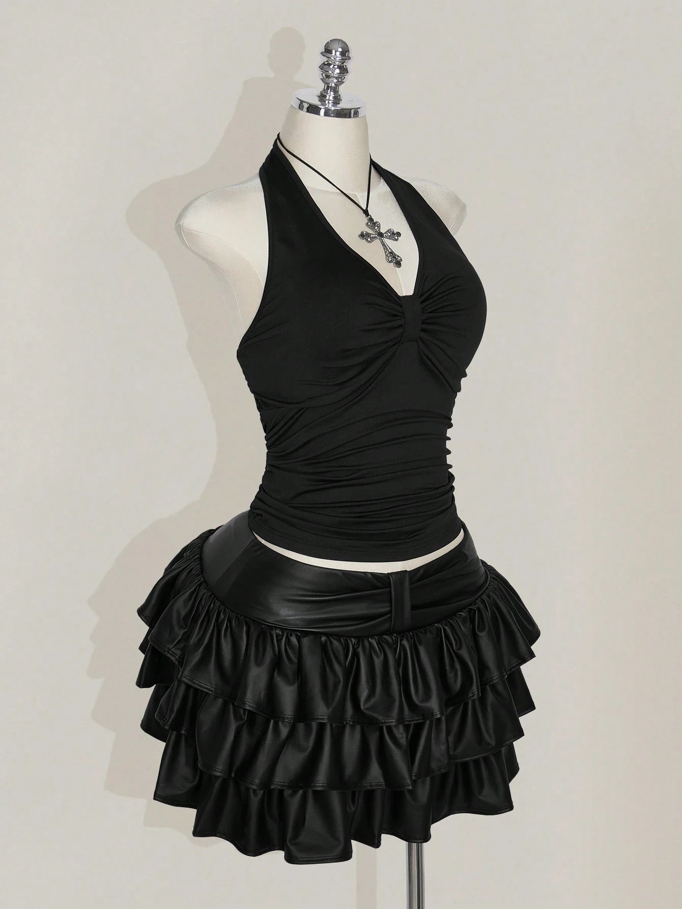 SHEIN ICON Plus Size Black Ruched Halter Crop Top – Backless Bowknot Punk Goth Festival Top for Women