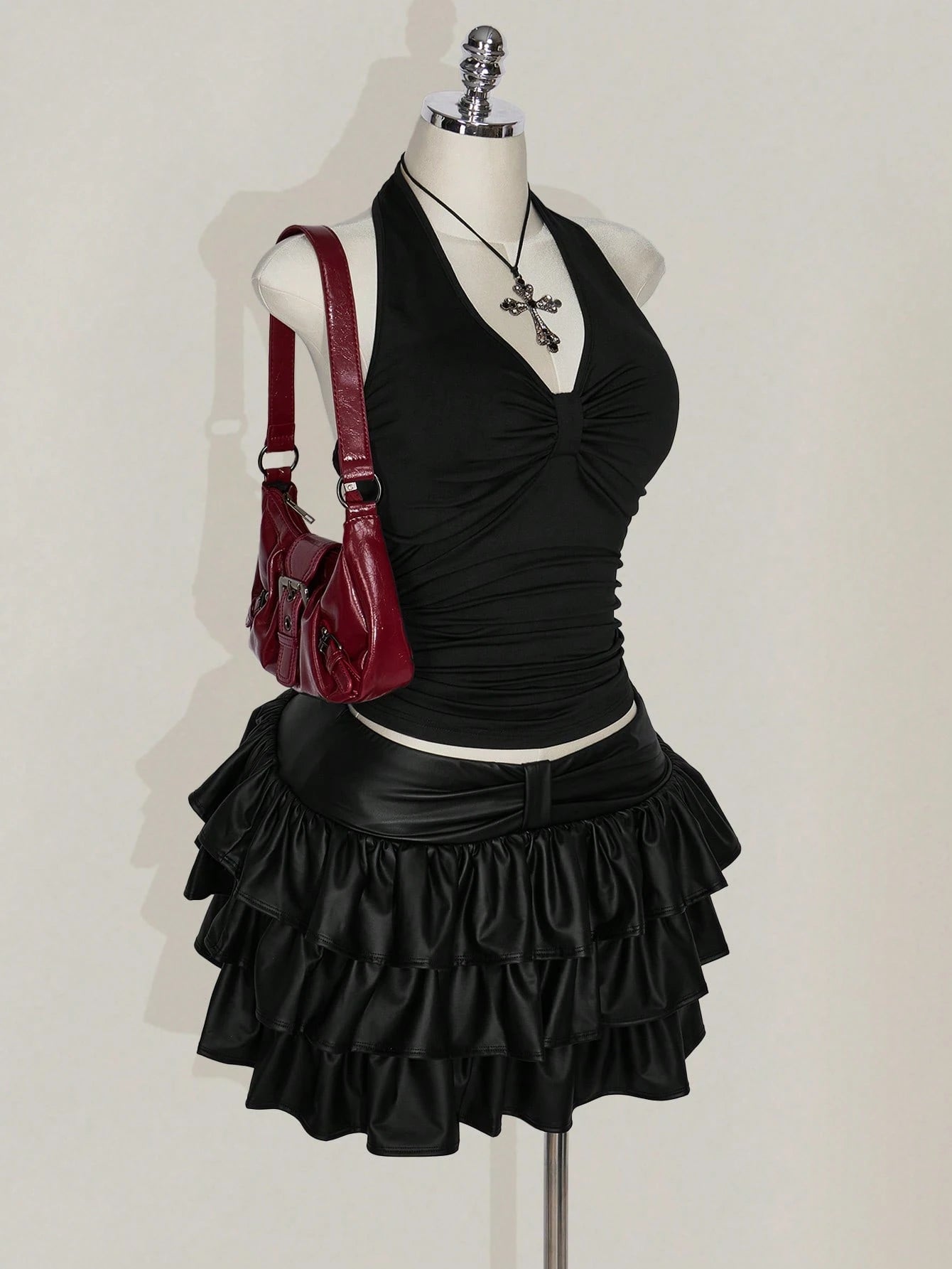 SHEIN ICON Plus Size Black Ruched Halter Crop Top – Backless Bowknot Punk Goth Festival Top for Women