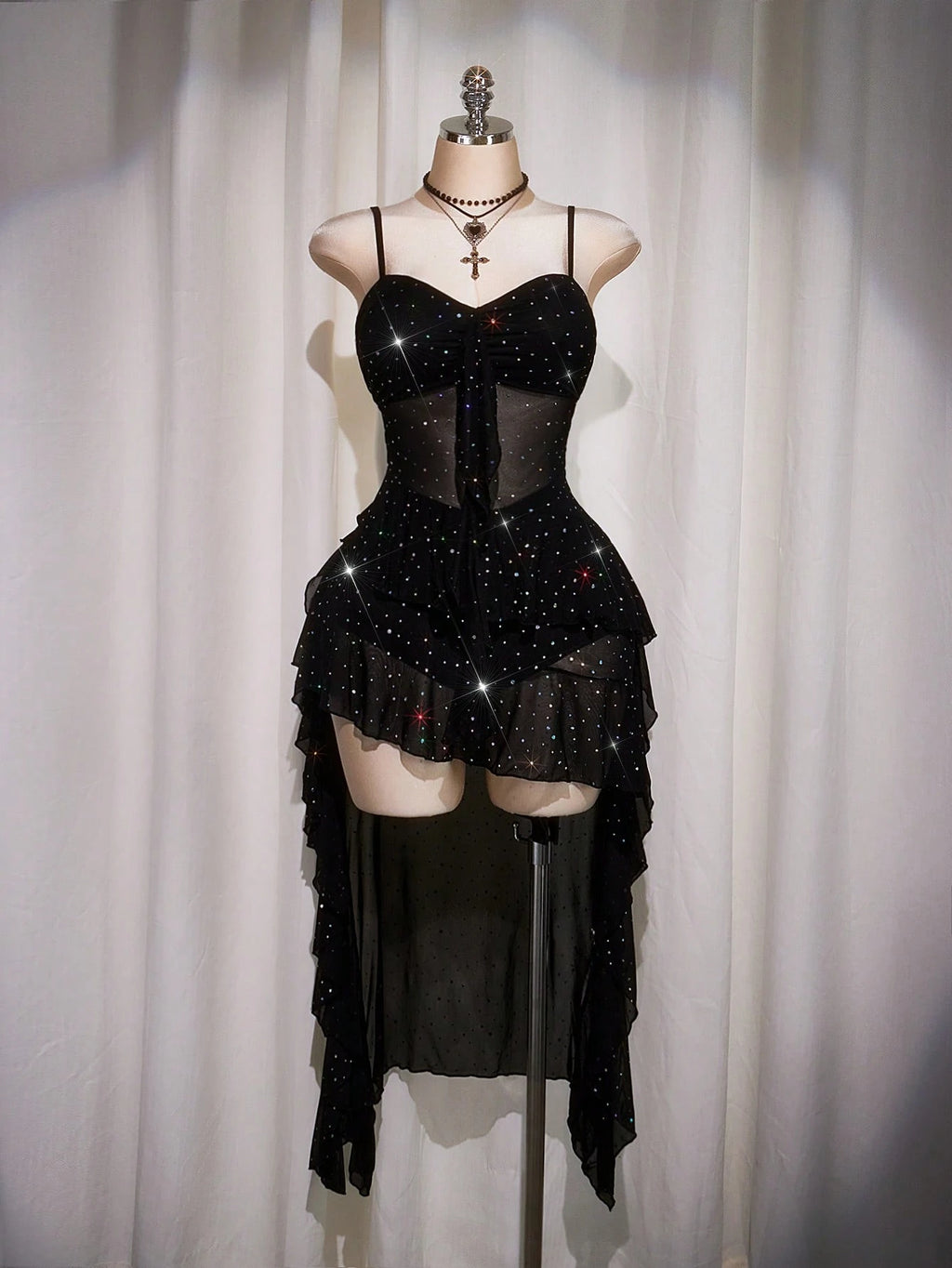 Plus Size Black Ruffle Hem Slip Dress – Y2K Mesh Sequin High Low Party Dress for Women